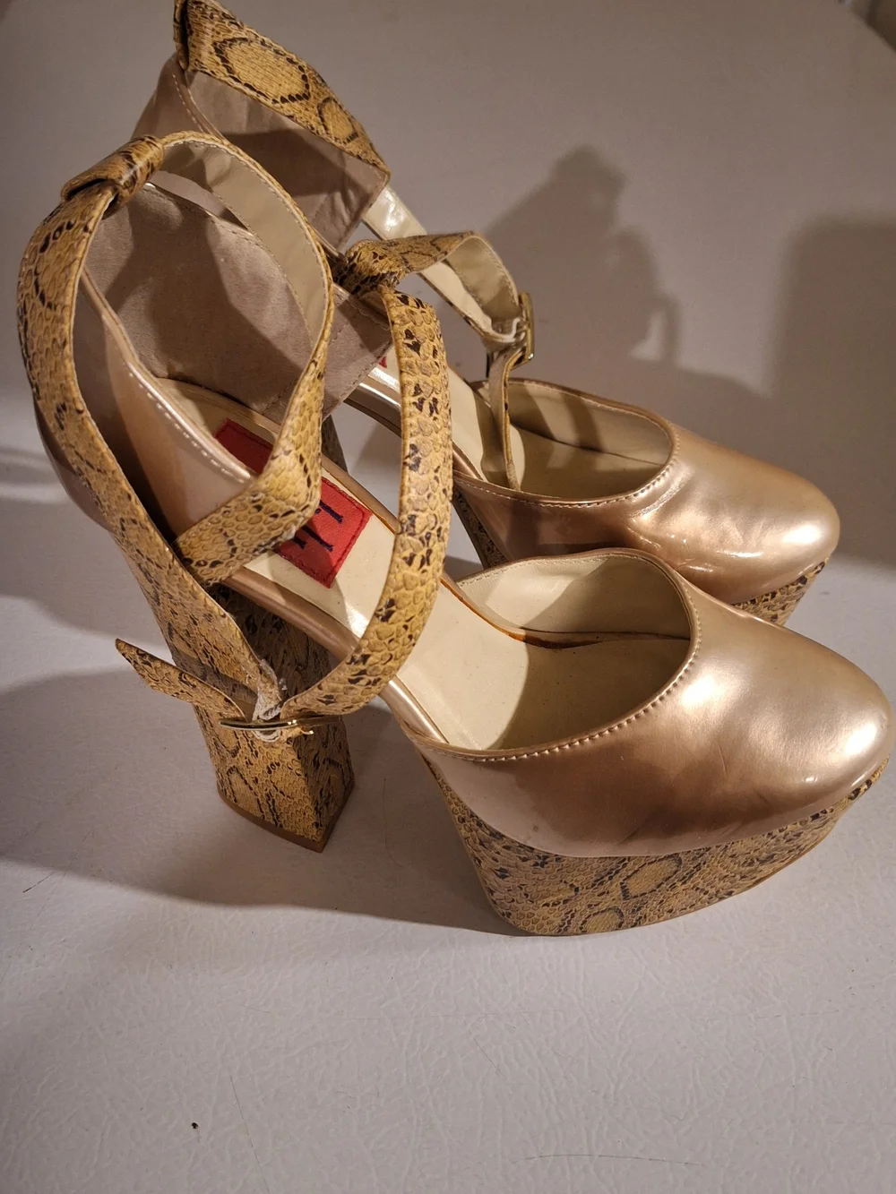 Women's Gold Platform Heels with Snake-Print Straps